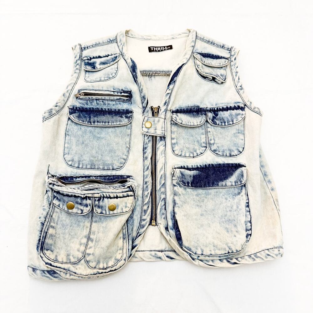 Thrill Denim Acid Wash Sleeveless Cargo Vest Size Large